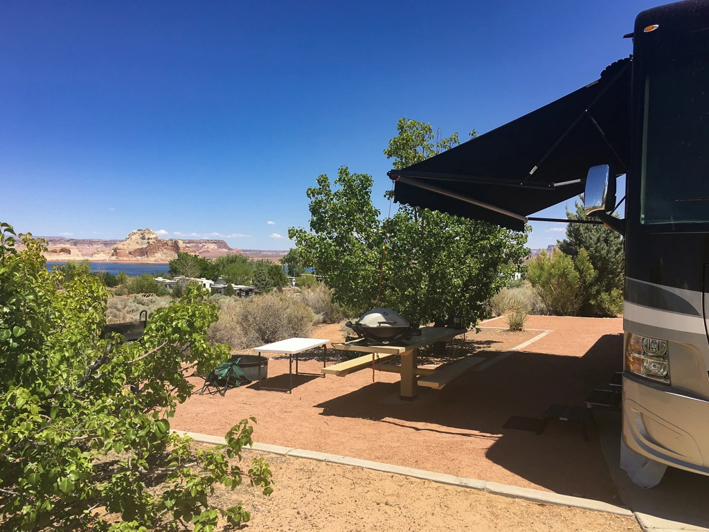 rv by lake in desert